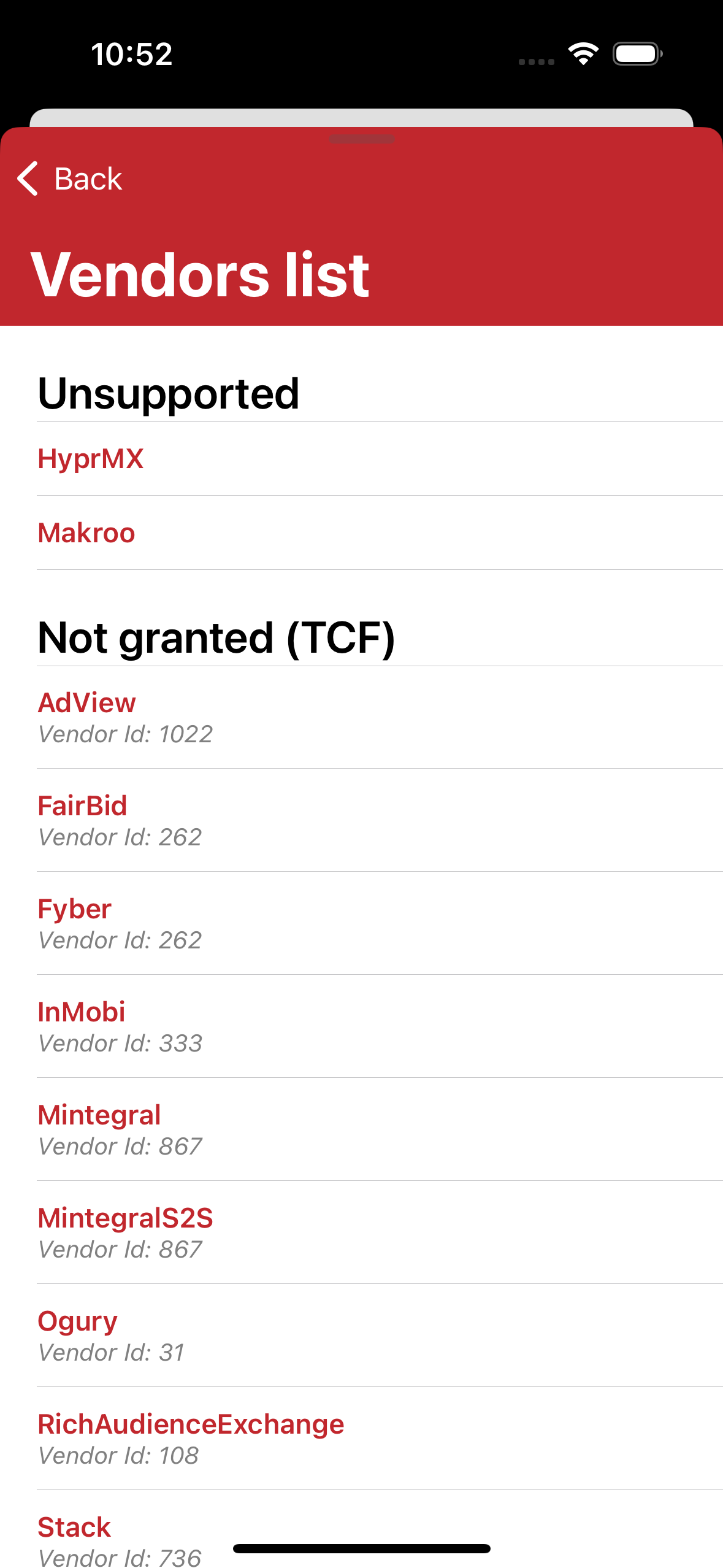 Privacy Settings Vendors List